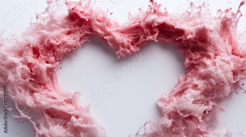 A unique art piece depicting pink foam in a splash shape, vividly forming a heart on a pristine white background, capturing the essence of love and creative expression. photo