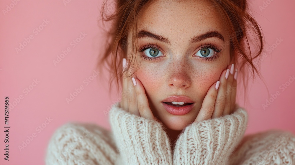 A woman with green eyes and red hair is wearing a white sweater A woman with green eyes and red hair is wearing a white sweater