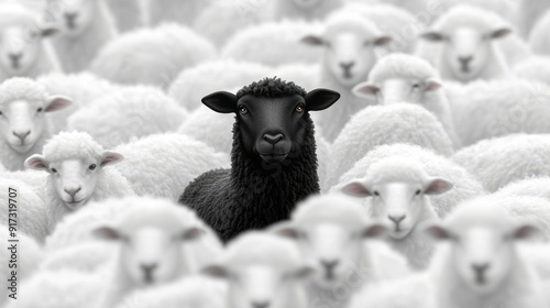 A black sheep among white sheep symbolizes individuality and leadership.
