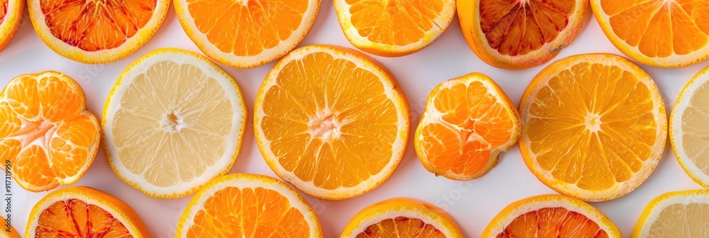 Top view of fresh slices of orange and tangerine fruits Top view of fresh slices of orange and tangerine fruits
