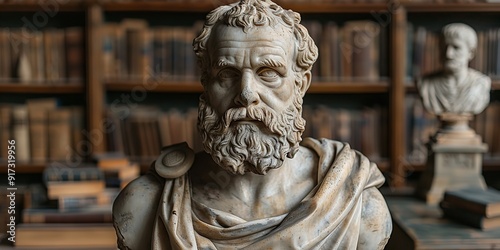 "Statue of a Stoic Philosopher in a Library Setting, Embodying Ancient Wisdom and Intellectual Contemplation."