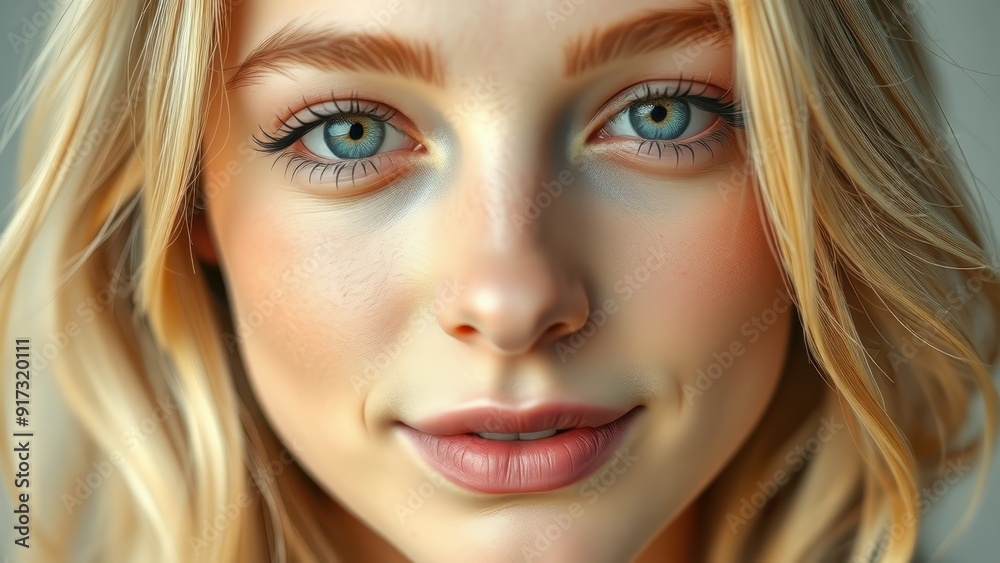 Beautiful blond young woman face close up. Natural looking. Banner for beauty skin body care bio eco cosmetics concept Beautiful blond young woman face close up. Natural looking. Banner for beauty skin body care bio eco cosmetics concept