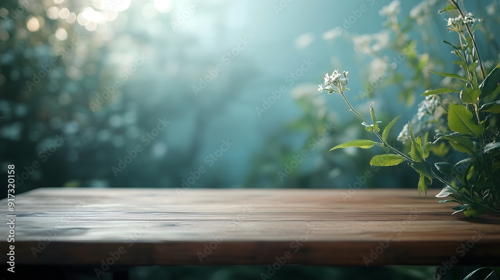 Rustic Wooden Table with Sunlit Garden Background - Perfect for Product Showcase Rustic Wooden Table with Sunlit Garden Background - Perfect for Product Showcase