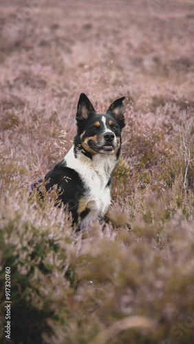 Dog in heather peak district