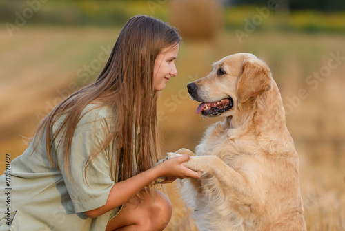 beautiful girl with golden retriever dog in wheat field at sunset