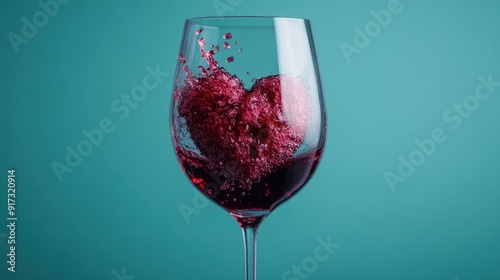 A glass of red wine captures the moment of heart-shaped splash against a teal background, vividly illustrating passion, romance, and the elegance of wine art. photo