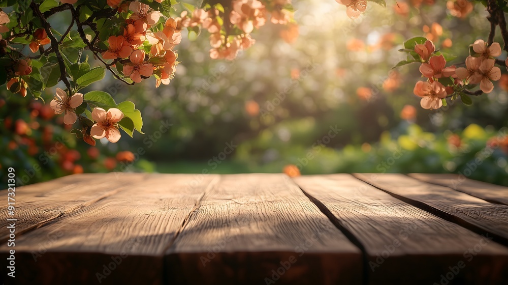 Rustic Wooden Table with Sunlit Garden Background - Perfect for Product Showcase Rustic Wooden Table with Sunlit Garden Background - Perfect for Product Showcase