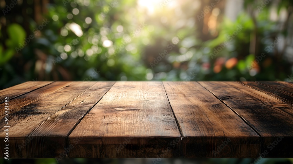 Rustic Wooden Table with Sunlit Garden Background - Perfect for Product Showcase Rustic Wooden Table with Sunlit Garden Background - Perfect for Product Showcase