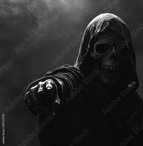 The Ominous Pointer: A Hooded Skull Figure in a Mysterious Illustration Signifying the Unseen and Enigmatic. photo