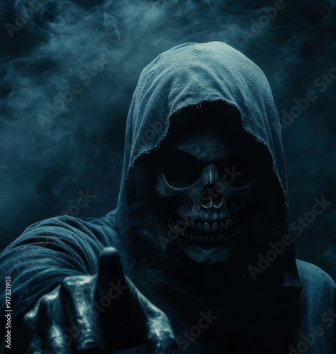 The Ominous Pointer: A Hooded Skull Figure in a Mysterious Illustration Signifying the Unseen and Enigmatic. photo