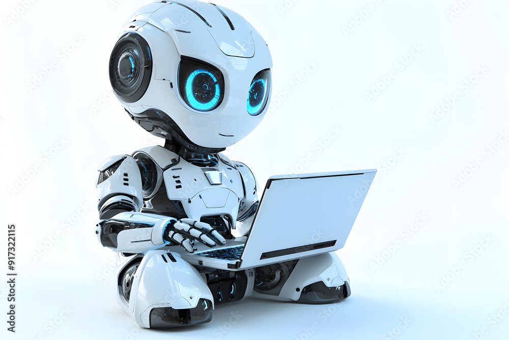 Cute friendly artificial intelligence robot using laptop computer 3d illustration isolated on white. Chatbot and AI assistant concept Cute friendly artificial intelligence robot using laptop computer 3d illustration isolated on white. Chatbot and AI assistant concept