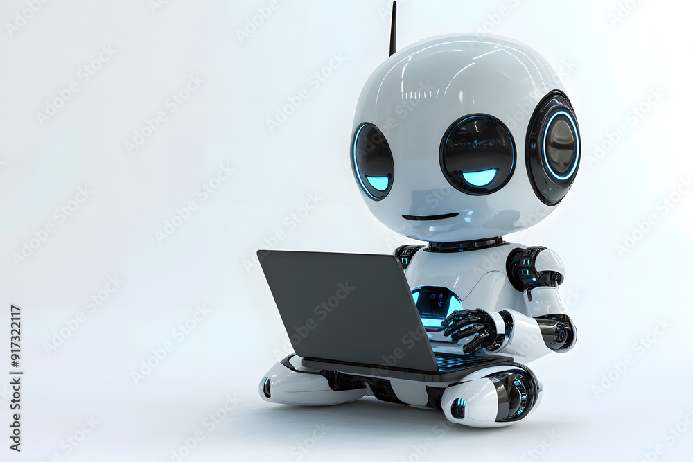 Cute friendly artificial intelligence robot using laptop computer 3d illustration isolated on white. Chatbot and AI assistant concept Cute friendly artificial intelligence robot using laptop computer 3d illustration isolated on white. Chatbot and AI assistant concept