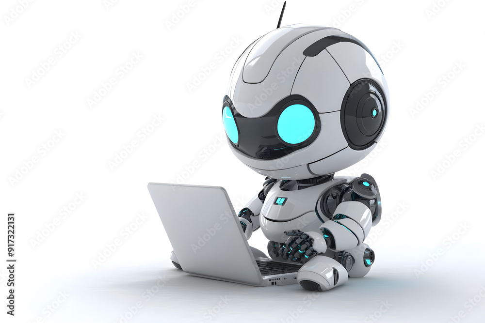 Cute friendly artificial intelligence robot using laptop computer 3d illustration isolated on white. Chatbot and AI assistant concept Cute friendly artificial intelligence robot using laptop computer 3d illustration isolated on white. Chatbot and AI assistant concept