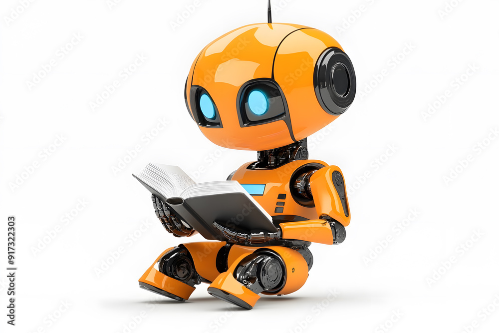 Fototapeta premium Cute friendly artificial intelligence robot reading book 3d illustration isolated on white. Chatbot and AI assistant concept