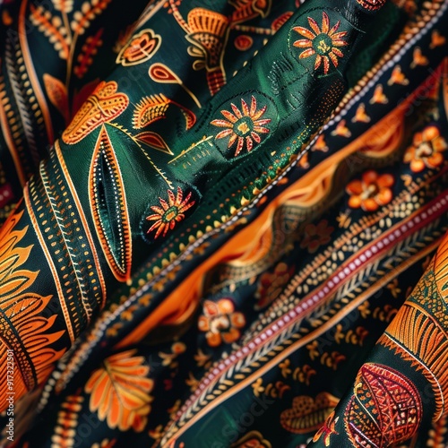 Close-up of a colorful and patterned fabric.