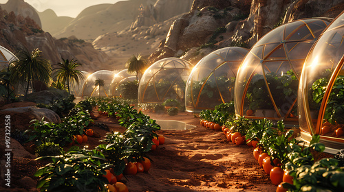 Extraterrestrial hydroponic farms nestled within biodomes of Martian colony where nutrientrich solutions sustainably nourish genetically modified crops ensuring food security human settlers Red Planet