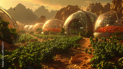 Extraterrestrial hydroponic farms nestled within biodomes of Martian colony where nutrientrich solutions sustainably nourish genetically modified crops ensuring food security human settlers Red Planet