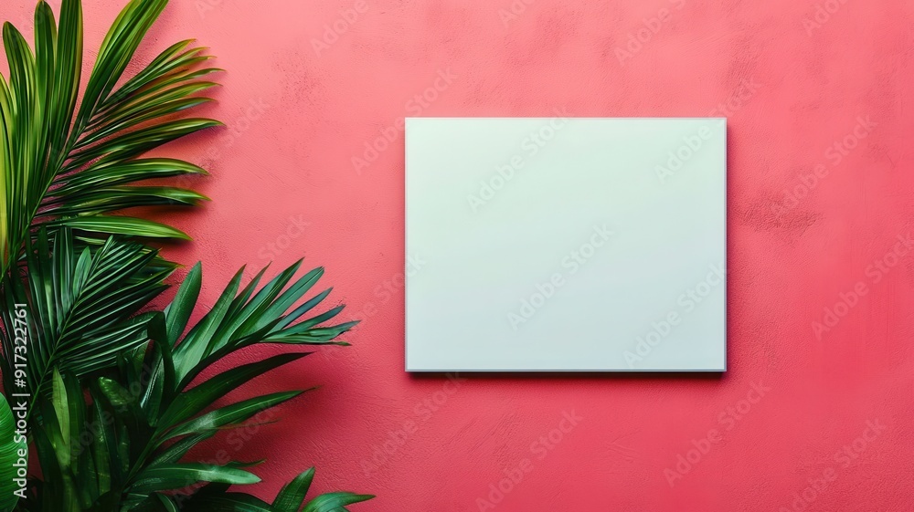 A blank canvas against a vibrant coral wall, complemented by lush green foliage for a fresh, modern aesthetic. A blank canvas against a vibrant coral wall, complemented by lush green foliage for a fresh, modern aesthetic.