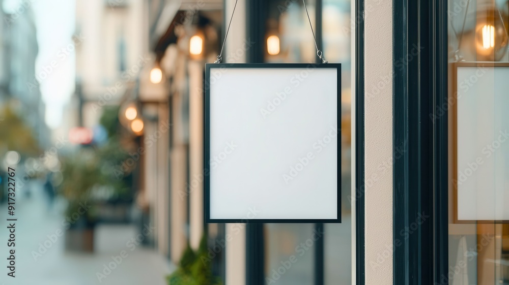 A blank sign hanging outside a stylish storefront, ready for personalization or branding opportunities in an urban setting. A blank sign hanging outside a stylish storefront, ready for personalization or branding opportunities in an urban setting.