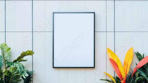 A blank frame on a modern wall surrounded by vibrant greenery, perfect for showcasing artwork or photographs. photo