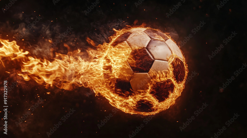 Naklejka premium Soccer Ball on Fire with Intense Flames and Dark Background
