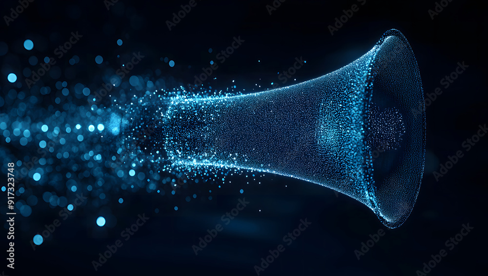 technology in Marketing and Promotion, digital blue low poly megaphone with glowing data streams, AI in advertisement and digital marketing strategies, attention and awareness, Activism design technology in Marketing and Promotion, digital blue low poly megaphone with glowing data streams, AI in advertisement and digital marketing strategies, attention and awareness, Activism design