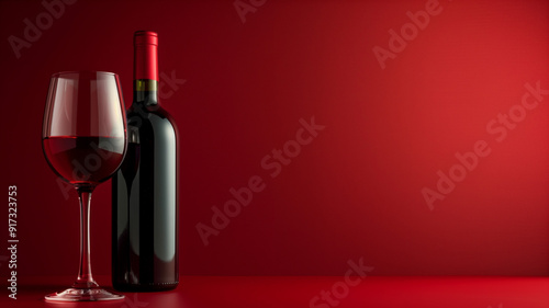 A bottle and glass of red wine on a vibrant red background elegant composition