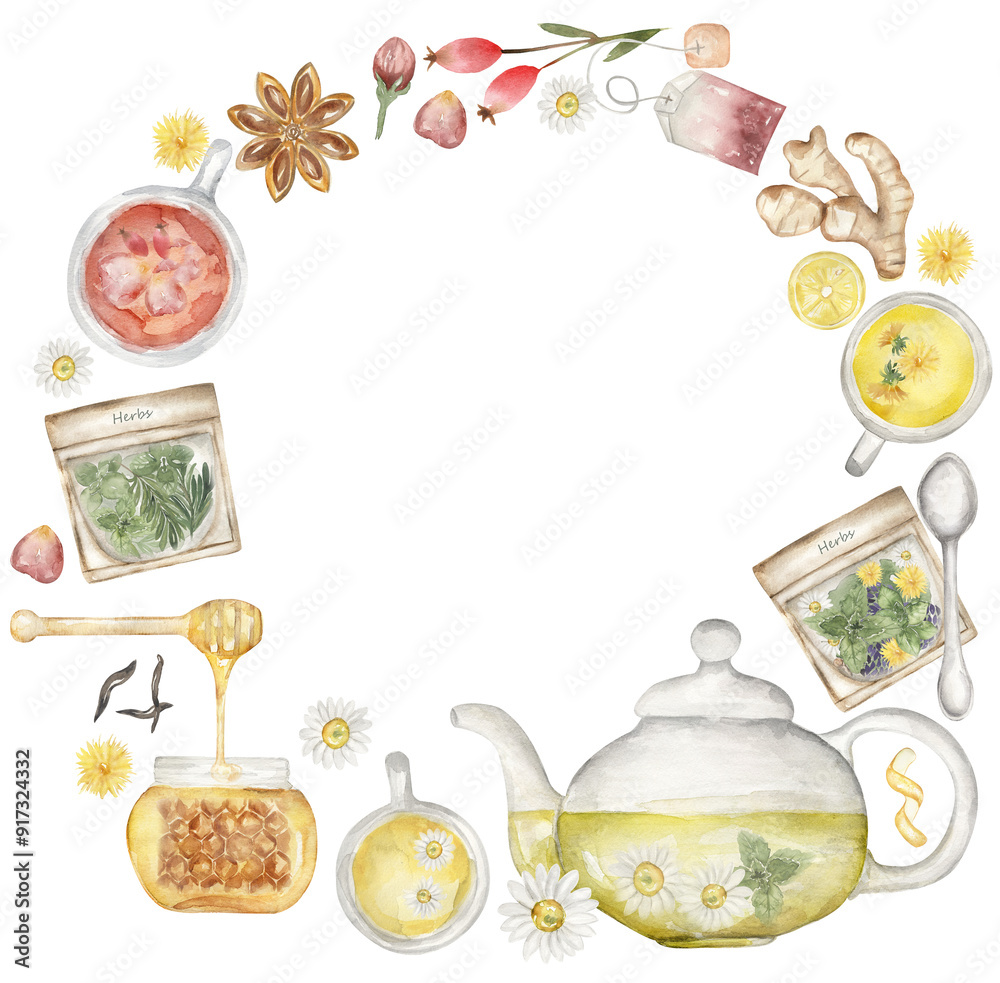 custom made wallpaper toronto digitalWatercolor tea time wreath illustration, herbal tea beverage with honey, anis star, dog rose branch, ginger, chamomile flowers and roses petals clipart
