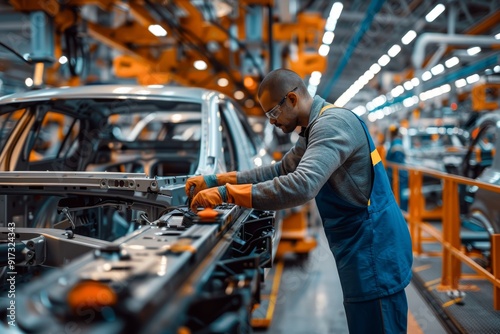 Engineer Adjusting Hydraulic Press Settings on Automotive Assembly Line - Factory Manufacturing Concept