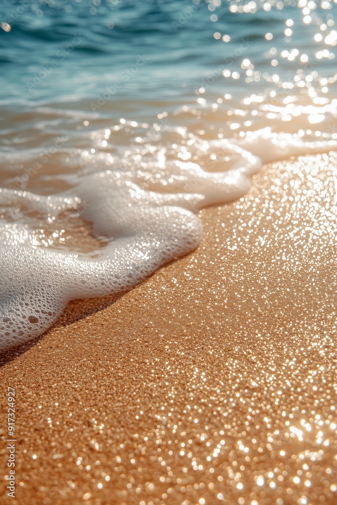 A sunlit beach with a foamy ocean wave gently washing over golden sand, showcasing a sparkling and tranquil scene. A sunlit beach with a foamy ocean wave gently washing over golden sand, showcasing a sparkling and tranquil scene.