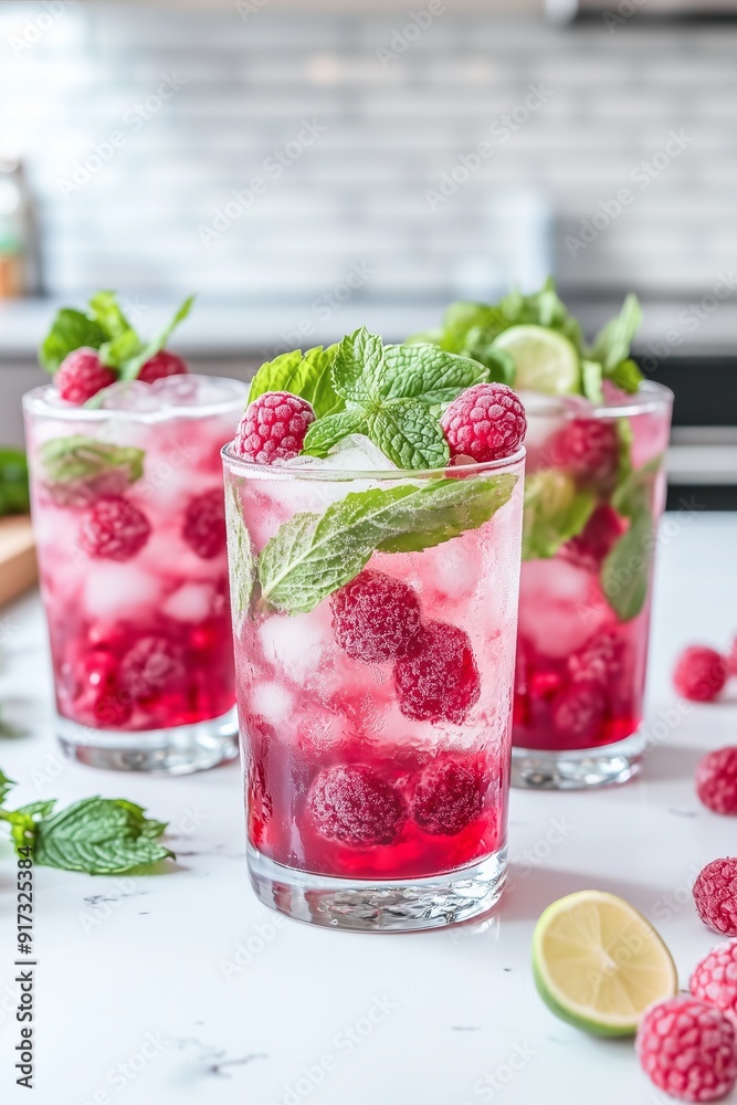 Chilled raspberry mint mocktail with ice cubes, garnished with fresh mint leaves and lime, perfect for summer refreshments. Chilled raspberry mint mocktail with ice cubes, garnished with fresh mint leaves and lime, perfect for summer refreshments.