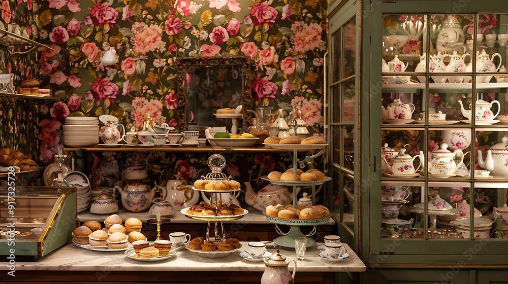 A whimsical tea room filled with floral wallpaper mismatched teacups on a vintage china cabinet and a three-tiered stand overflowing with pastries A whimsical tea room filled with floral wallpaper mismatched teacups on a vintage china cabinet and a three-tiered stand overflowing with pastries