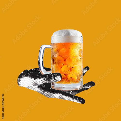 Beer in glass mug in hand creative collage, hand effect halftone dot grain texture. Pint alcohol drink with foam. Poster, banner for bar, cafe, holiday, Oktoberfest. Illustration photo