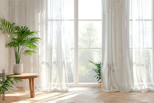 background of a window with curtains and plants