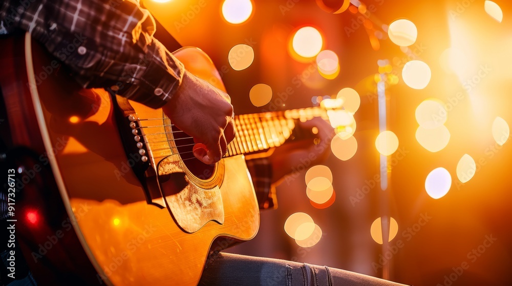 Obraz premium A musician playing the guitar on the stage with warm lighting