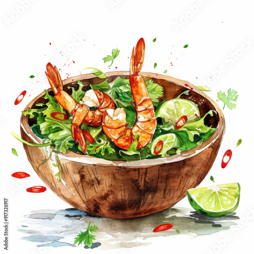 Watercolor shrimp salad with fresh greens and lime in wooden bowl