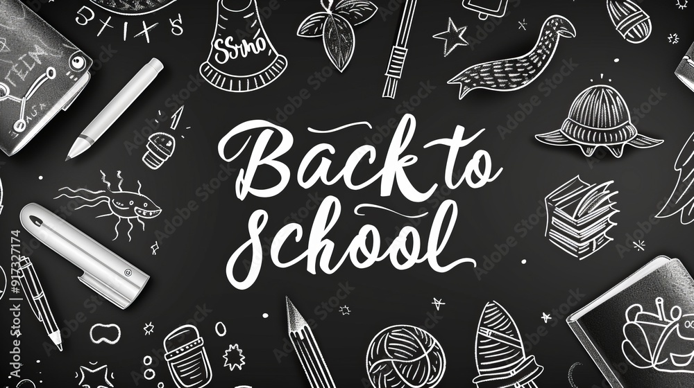 Back to school text with objects on blackboard poster in doodle style Back to school text with objects on blackboard poster in doodle style