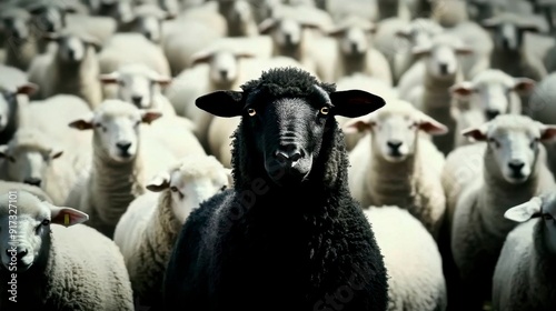 A black sheep among white sheep symbolizes individuality and leadership.