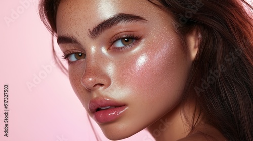 Close-up of a woman's face showcasing radiant skin, freckles, glossy lips, and soft lighting. Perfect for beauty and skincare topics.