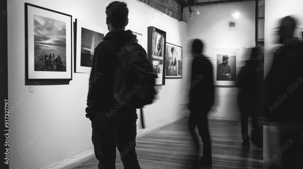Visitors admiring artwork in a black and white photo exhibition at a modern art gallery. Visitors admiring artwork in a black and white photo exhibition at a modern art gallery.