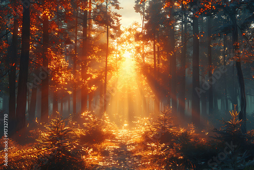 Magazine cover with a scenic view of a forest at dawn focusing on the golden light filtering through the trees