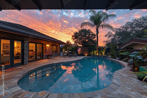 Sunset in the Backyard Featuring a Swimming Pool and a Close-Up of an American Flag for 4th of July Celebrations