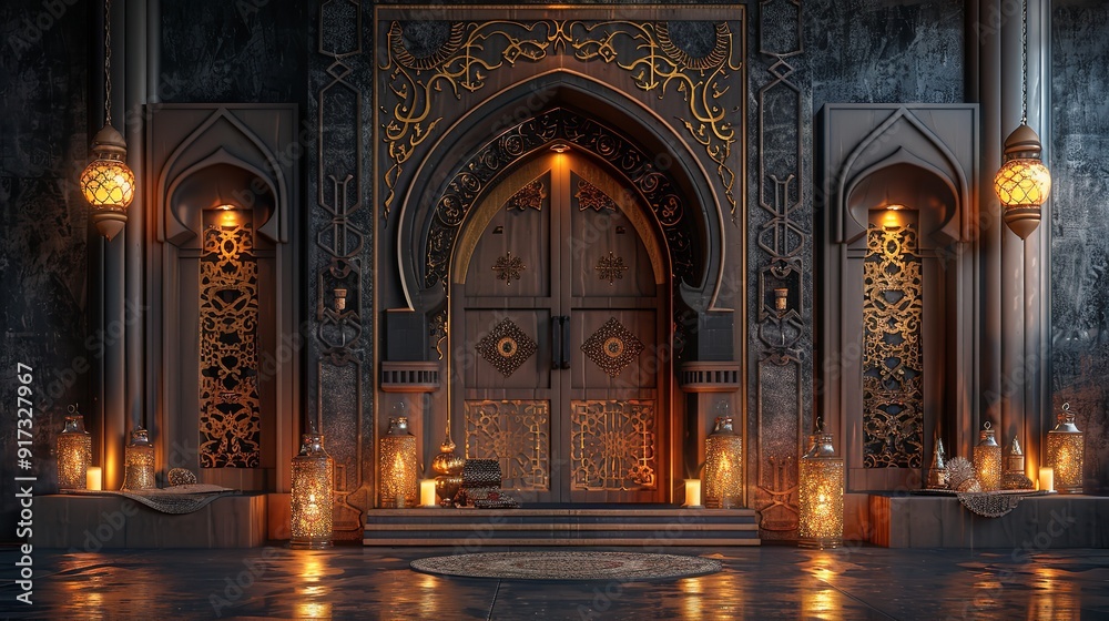 3D muslim mosque beautiful decoration in blue and gold background. Ramadan kareem islamic background 3D muslim mosque beautiful decoration in blue and gold background. Ramadan kareem islamic background