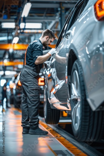 Professional Engineer Installing Car Exhaust System on Assembly Line in Modern Factory