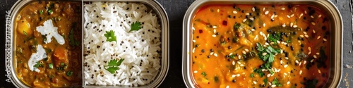 South Indian Vegetarian Lunch with Two Boxes in a Lunchbox Sambar with Rice and Curd Rice photo