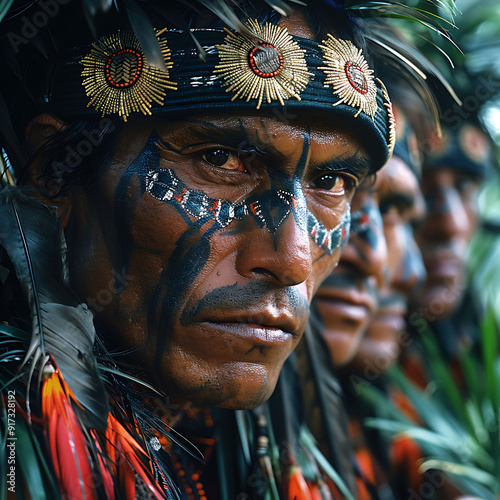 Cool light of dawn group of middleaged hunters prepares day's hunt their faces painted intricate patterns they invoke spirits of forest guide their arrows true ensure bountiful harvest for their tribe