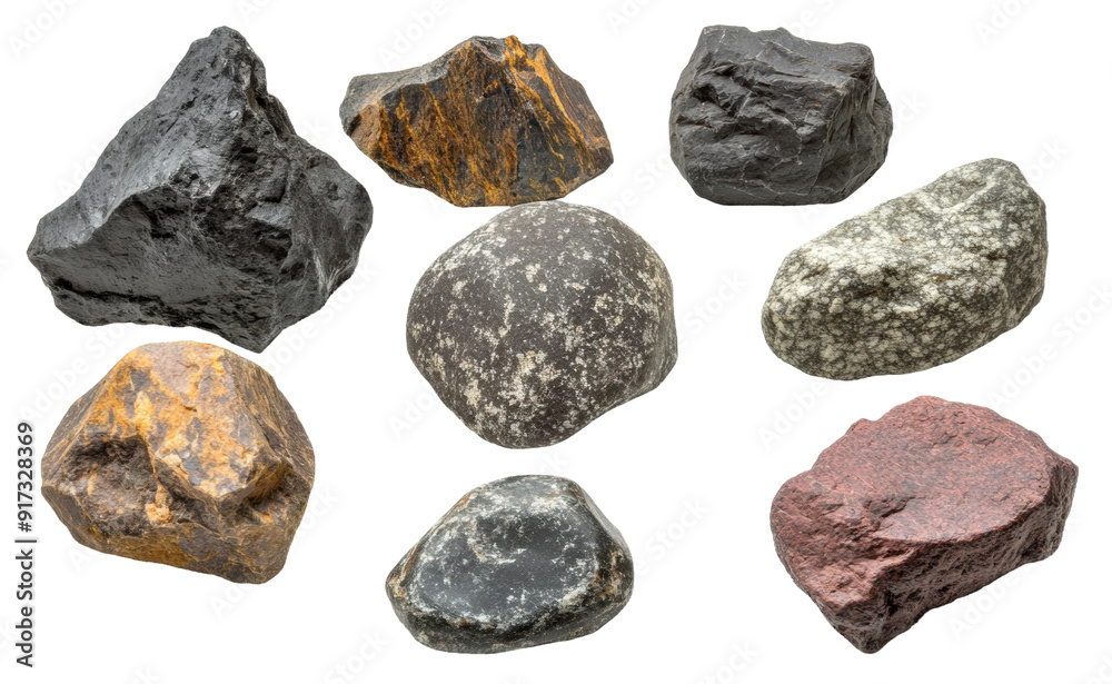 Collection of various rock specimens displaying different colors and textures, cut out - stock png. Collection of various rock specimens displaying different colors and textures, cut out - stock png.