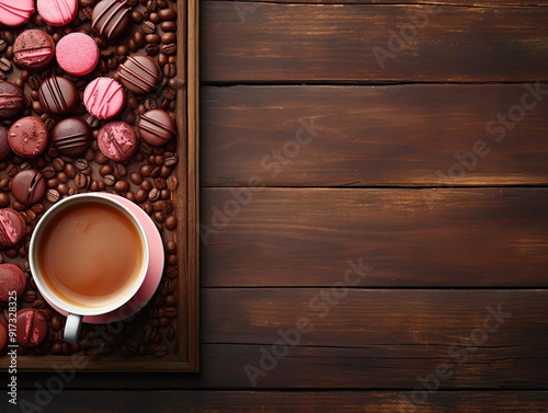 Wonderful Box of chocolates, cup of coffee on a wooden background photo