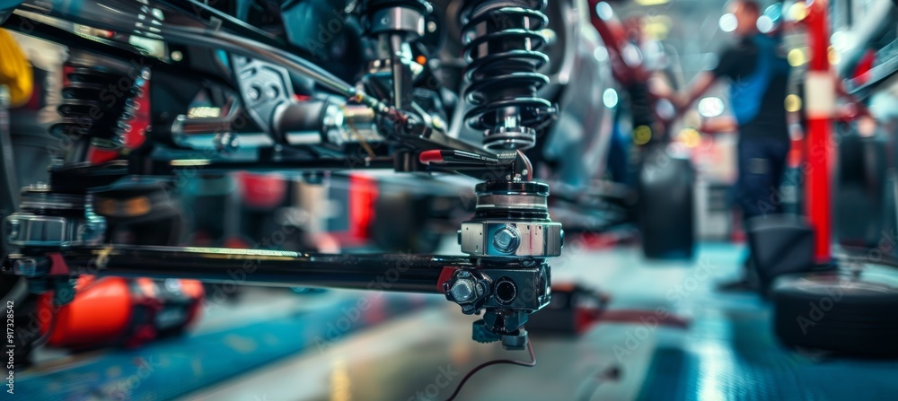 Fototapeta premium Mechanic Fine-Tuning Race Car Suspension in High Tech Garage with Tools and Diagnostic Equipment