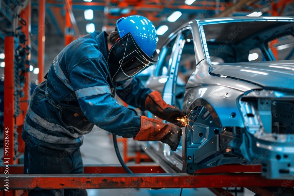 Fototapeta premium Engineer Inspecting Weld Quality on Car Assembly Line in Modern Factory Setting